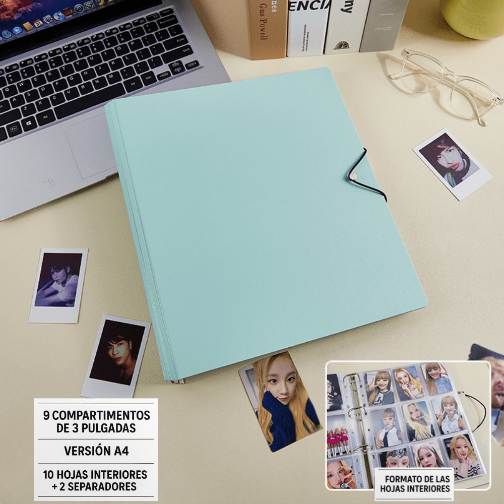 Binder – Álbum A4 para Photocards Kpop Verde agua – 9 Compartimentos por Hoja | K - Boo | K - Boo