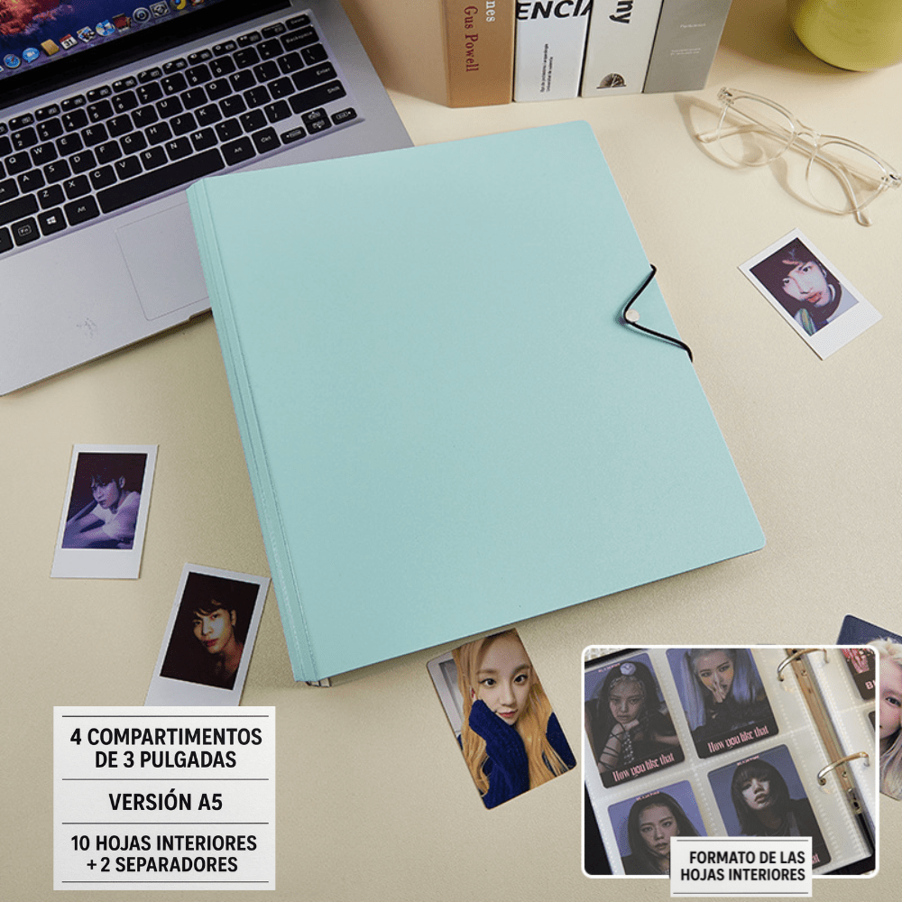Binder – Álbum A5 para Photocards Kpop VERDE AGUA – 4 Compartimentos por Hoja | K - Boo | K - Boo