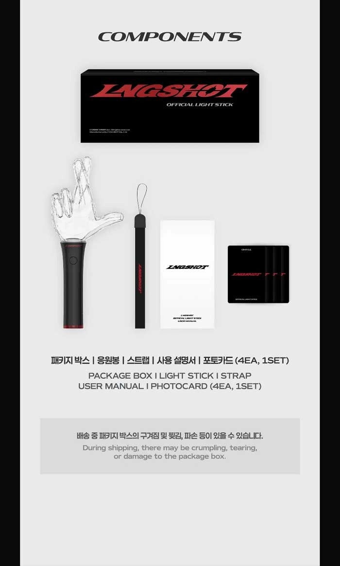 LNGSHOT Official Light Stick componentes: caja, strap, manual y photocards | K-BOO